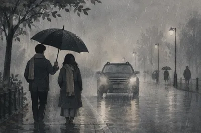 Sharing an Umbrella on a Rainy Road