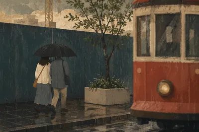 Shared Umbrella Kindness on Rainy City Street