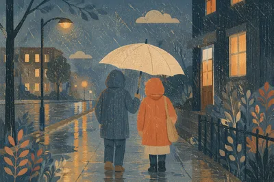 Kindness Under Umbrella on Rainy Evening