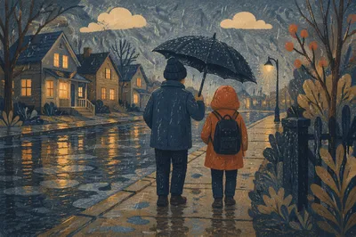 Kindness Under Umbrella on Rainy Evening
