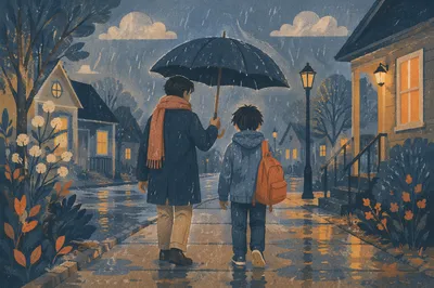 Shared Umbrella Kindness in Evening Rain