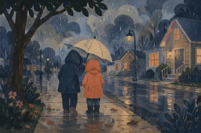 Kindness Under One Umbrella in Gentle Rain