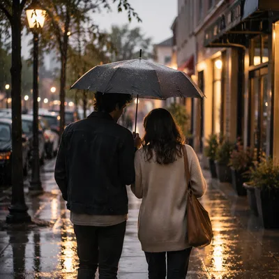 Two People Sharing Umbrella in Gentle Rain