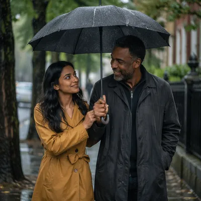 Kind Strangers Sharing Umbrella in Gentle Rain