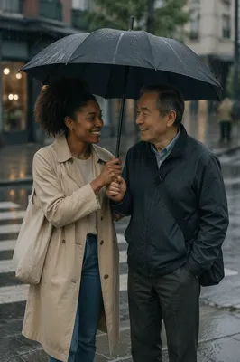 Two People Sharing Umbrella in Rain