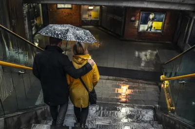 Kindness Under Umbrella on Rainy Urban Stairs