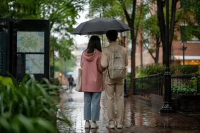 Kind Friends Sharing Umbrella in Rain