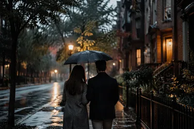 Kindness Under One Umbrella at Dusk