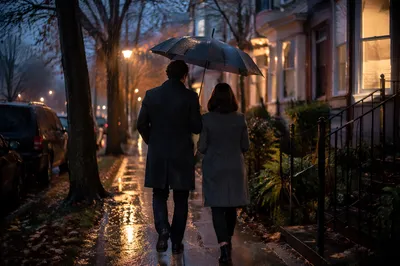Kindness Shared Under Rainy Evening Umbrella