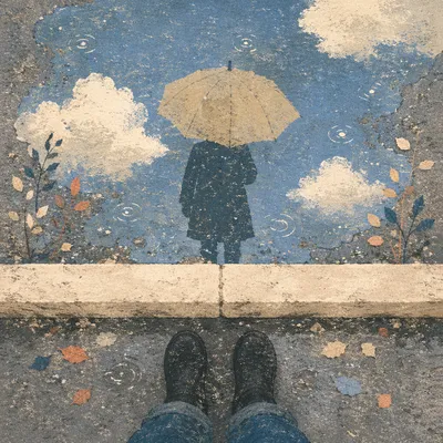 Umbrella Reflection in Rainy Street Puddle