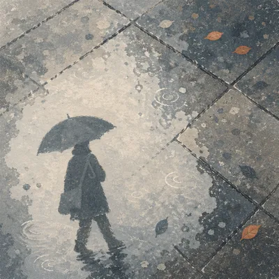 Rainy Street Puddle Reflection With Umbrella