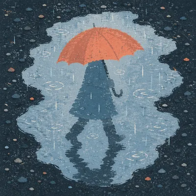 Umbrella Reflection in Rainy City Puddle
