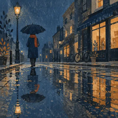 Umbrella Reflection on Rainy City Street