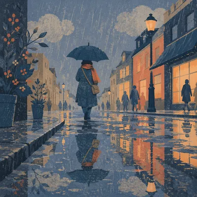 Rainy City Walk with Umbrella Reflection