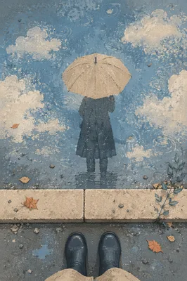 Umbrella Reflection in Rain Puddle Street