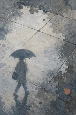 Umbrella Reflection in Rainy Street Puddle