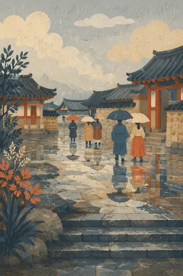 Rainy Courtyard Walk With Umbrella Reflections