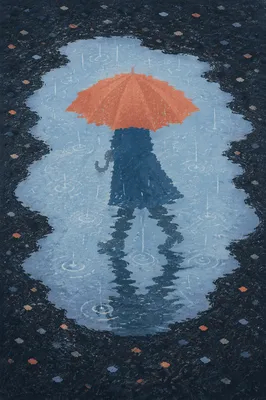 Umbrella Reflection in Rainy City Puddle