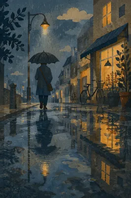Rainy Street Walk with Umbrella Reflection
