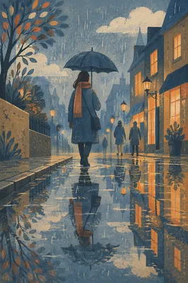 Rainy Street Umbrella Reflection at Blue Hour