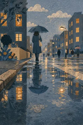Rainy Street Umbrella Reflection at Blue Hour