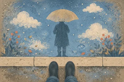 Umbrella Reflection in Rain Puddle Street