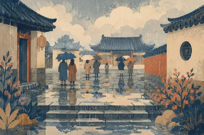 Rainy Courtyard Walk with Umbrella Reflections