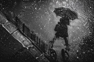 Umbrella Reflection in Rainy Night Puddle