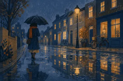 Rainy Street Umbrella Reflection at Blue Hour