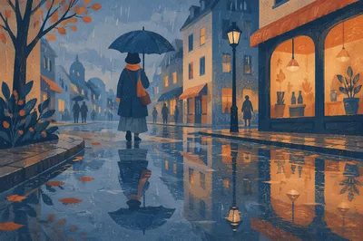 Umbrella Reflection on Rainy Evening Street