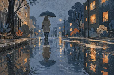 Rainy Street Umbrella Reflection at Blue Hour