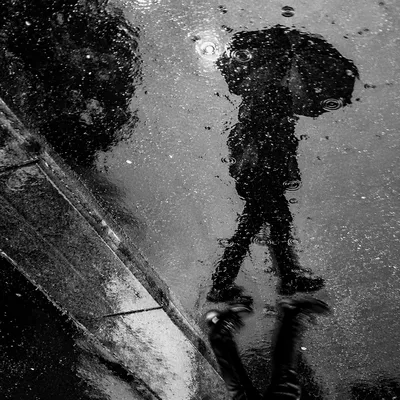 Umbrella Reflection in Rainy Night Puddle