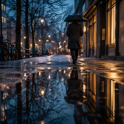 Rainy Evening Walk with Umbrella Reflection