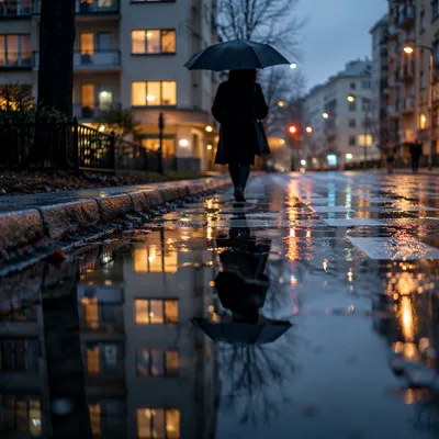 Umbrella Reflection on Rainy Evening Street