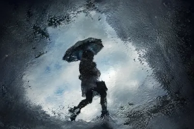 Umbrella Reflection in Rainy City Puddle
