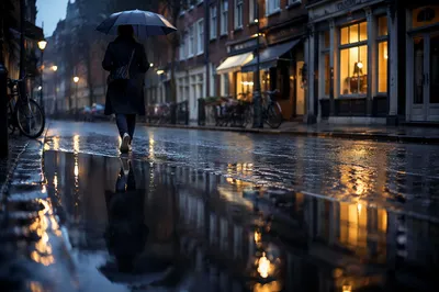 Quiet Rainy Street Walk at Blue Hour