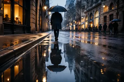 Rainy City Walk with Umbrella Reflection