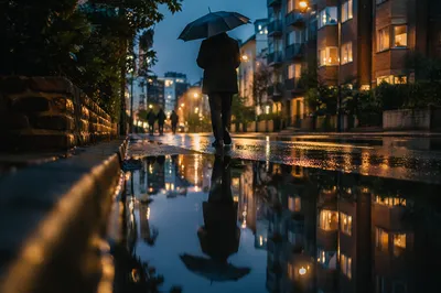 Rainy Evening Umbrella Reflection on Street