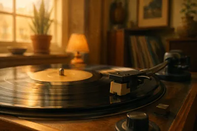 Warm Retro Turntable with Spinning Vinyl