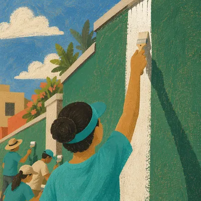 Volunteers Painting a Neighborhood Wall Together