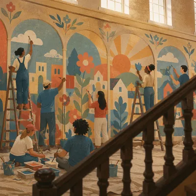 Volunteers Painting a Community Hall Mural
