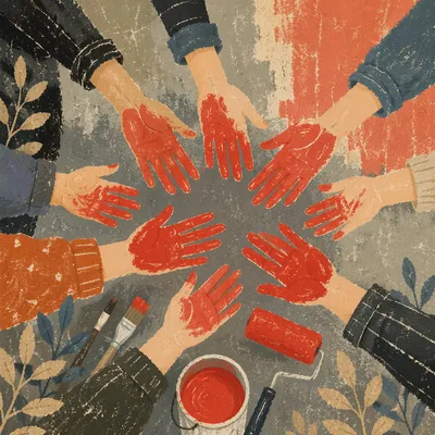 Volunteer Hands with Red Paint Teamwork