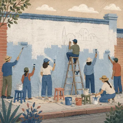 Community Volunteers Painting Neighborhood Wall