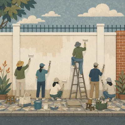 Community Volunteers Painting Urban Wall Together