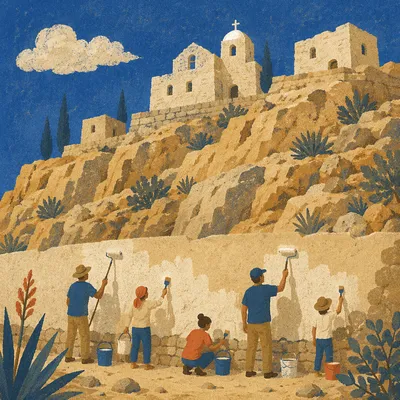 Volunteers Painting Desert Community Wall Together