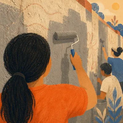 Community Volunteers Painting Neighborhood Wall