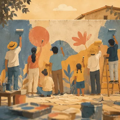 Community Volunteers Painting Colorful Neighborhood Mural