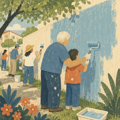 Community Volunteers Painting a Neighborhood Wall