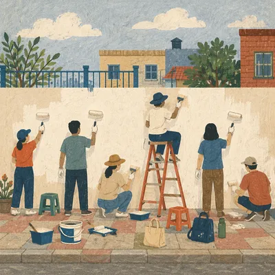 Community Volunteers Painting Neighborhood Wall Together