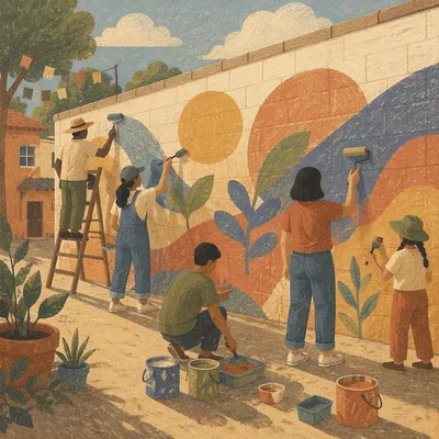 Volunteers Painting a Hopeful Community Mural